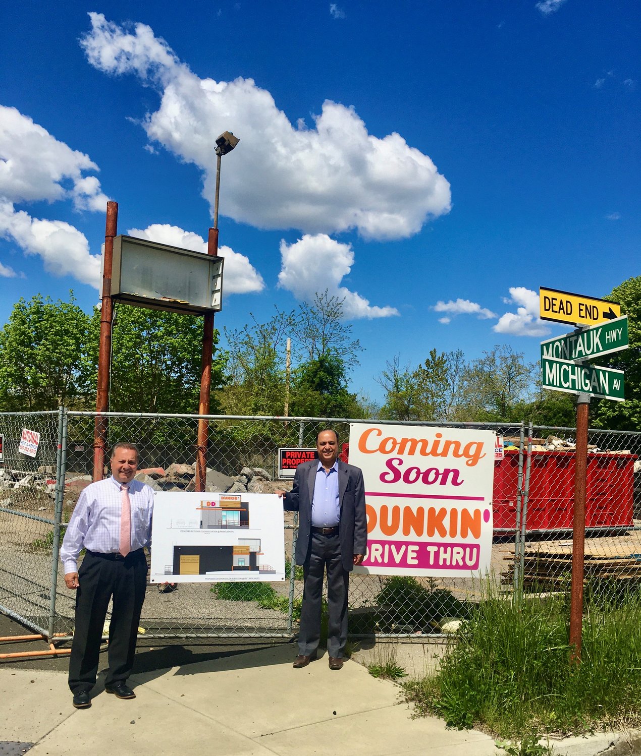 Councilman Michael Loguercio and developer Ben Bathija at the site of the new Dunkin’ drive-thru located at 1669 Montauk Highway in Bellport.